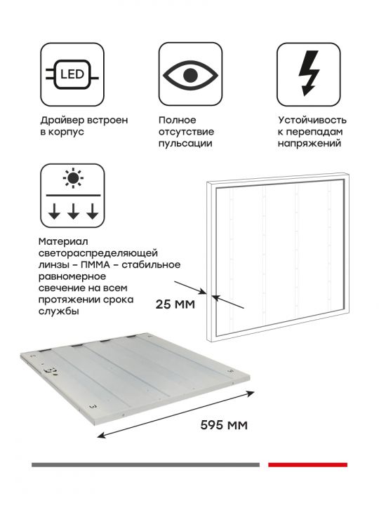 Панель светодиодная 25 мм (ДВО) ДУО-4109-L 40Вт 4000К опал с равномерной засветкой 595x595 EKF Basic