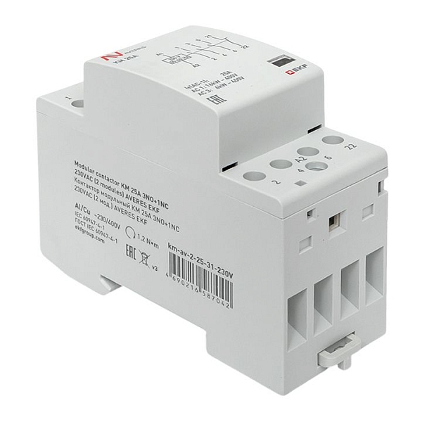 Контактор модульный КМ 25А 3NO+1NC 230В АС (2 мод.) AVERES EKF