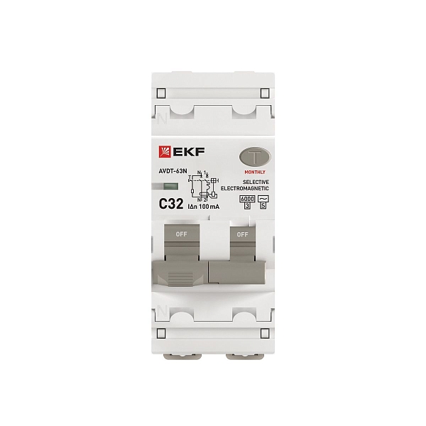 Автоматический выключатель дифференциального тока АВДТ-63N 1P+N (S) 32А характеристика C 100мА тип AC электромеханический селективный 6кА PROXIMA EKF