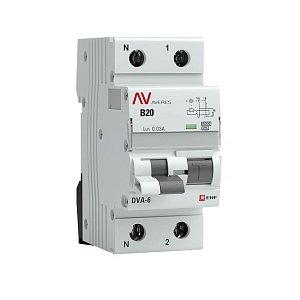Автоматический выключатель дифференциального тока DVA-6 1P+N 20А характеристика B 30мА тип A электромеханический 6кА AVERES EKF