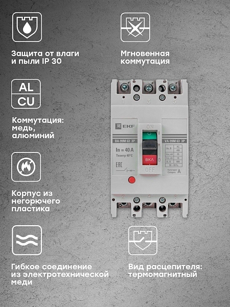 Выключатель автоматический в литом корпусе ВА-99М 63/40А 3P 10In 25кА с термомагнитным расцепителем EKF
