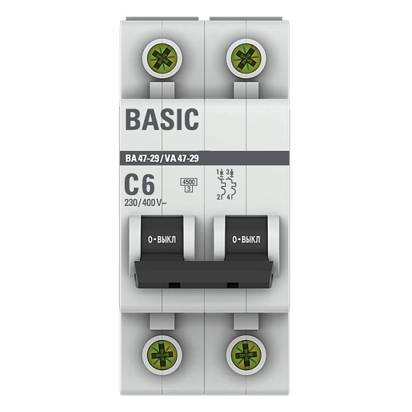 Автоматический выключатель ВА 47-29 2P 6А (C) 4,5кА BASIC