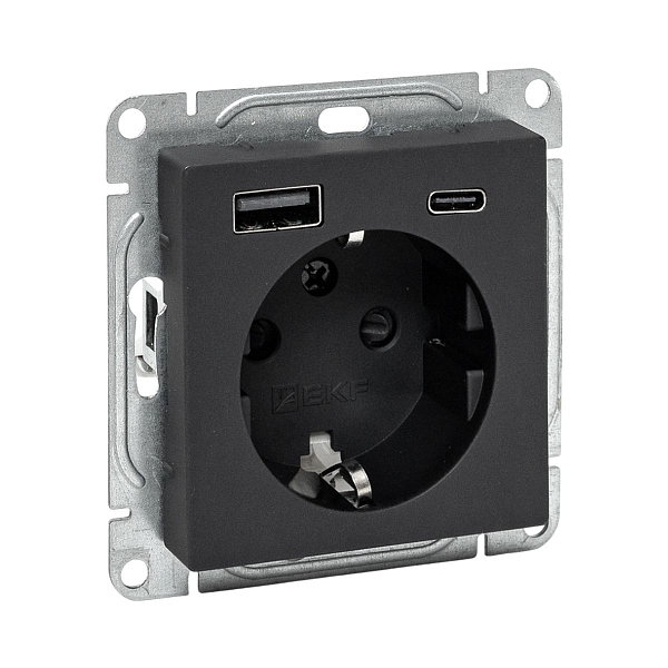 Механизм розетки с USB-A+С - 2шт, 16А, с заземлением, со шторками, чёрный Эпика EKF