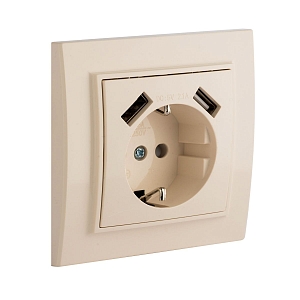 Минск Розетка 1-местная СП с/з 16А бежевая с защ. штор. с 2 USB 2,1А EKF