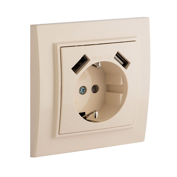 Минск Розетка 1-местная СП с/з 16А бежевая с защ. штор. с 2 USB 2,1А EKF