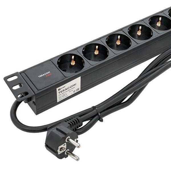 Блок розеток PDU TERACOM PRO 19" 1U 16А/250В 9 розеток Schuko шнур питания длиной 2 метра сечение 3x1,5 мм2 вилка Schuko корпус алюминий черный