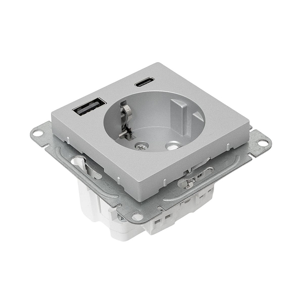 Механизм розетки с USB-A+С - 2шт, 16А, с заземлением, со шторками, алюминий Эпика EKF