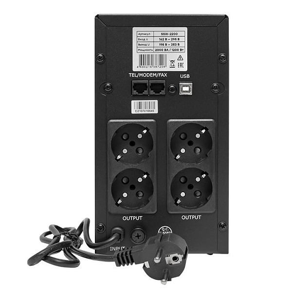 Источник Бесперебойного питания Линейно-интерактивный E-Power SSW 200 2000 ВА 1200Вт, 4хSchuko, USB ,R45