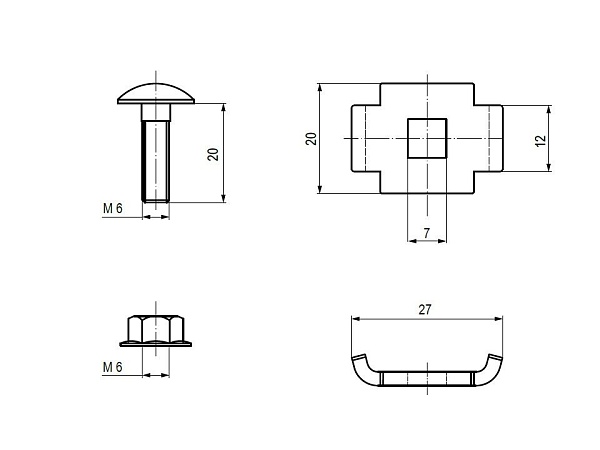 Винтовой соединительный комплект двойной 6x20 (Винт М6+гайка) (50 шт) INOX EKF