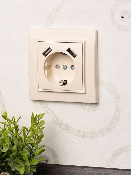 Минск Розетка 1-местная СП с/з 16А бежевая с защ. штор. с 2 USB 2,1А EKF
