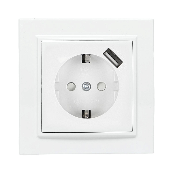 Розетка 1-местная СП с/з Минск 16А белая с защ. штор. с USB 1А EKF
