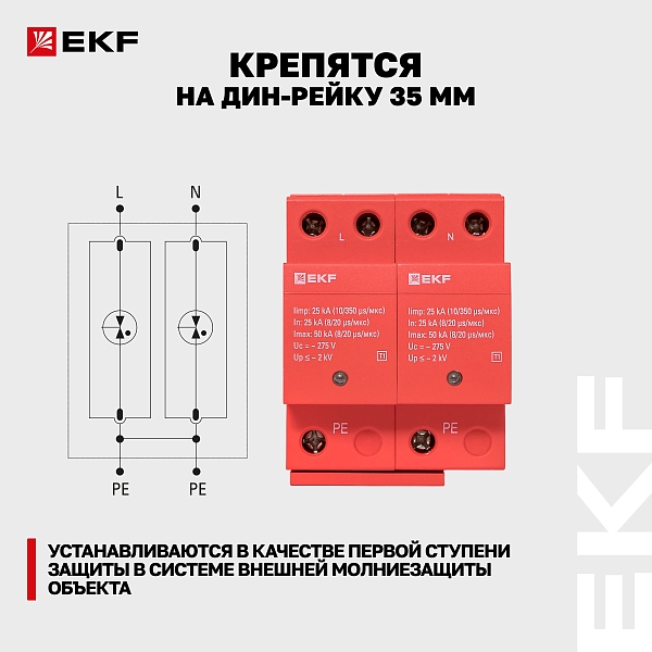 Устройство защиты от импульсных перенапряжений Класс 1 Iimp 25kA (10/350μs) 2P EKF