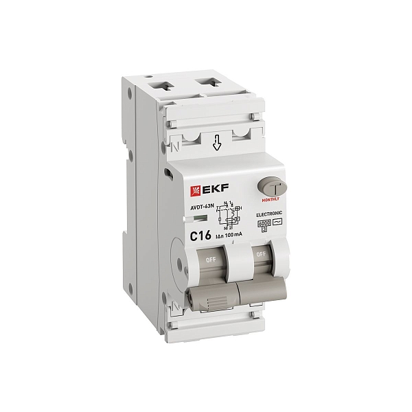 Автоматический выключатель дифференциального тока АВДТ-63N 1P+N 16А характеристика C 100мА тип AC электронный 6кА PROXIMA EKF