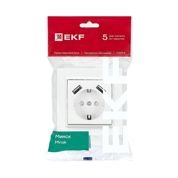 Минск Розетка 1-местная СП с/з 16А белая с защ. штор. с 2 USB 2,1А EKF
