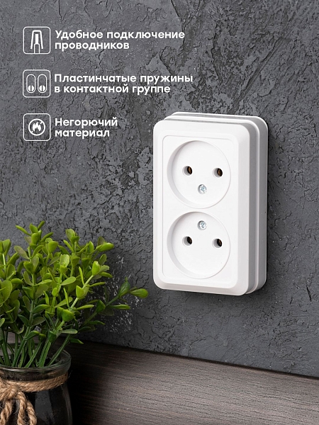 Рим Розетка 2-местная 10А без заземления белая EKF