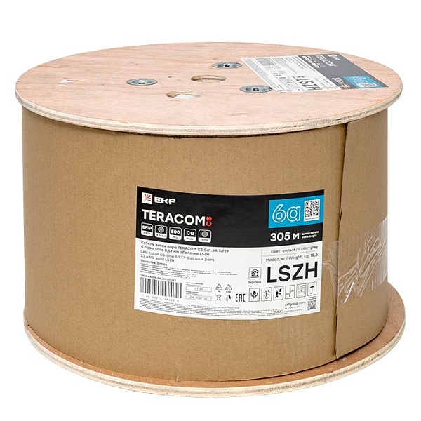 Кабель витая пара TERACOM CS Cat.6A S/FTP 4 пары solid 0,57мм оболочка LSZH нг(А)-HF цвет серый (упак. 305м)
