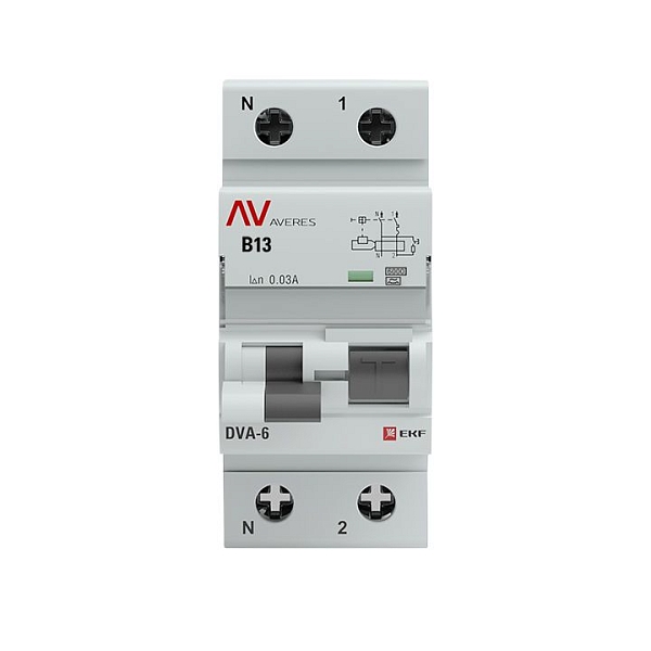 Автоматический выключатель дифференциального тока DVA-6 1P+N 13А характеристика B 30мА тип A электромеханический 6кА AVERES EKF