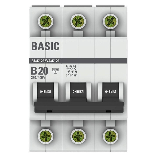 Автоматический выключатель ВА 47-29 3P 20А (B) 4,5кА BASIC