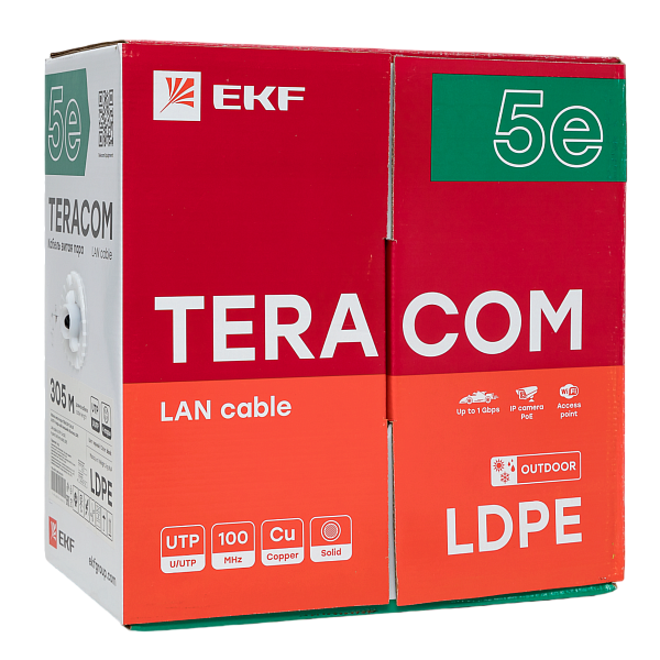 Кабель витая пара TERACOM Cat.5E U/UTP 4 пары solid внешний оболочка LDPE цвет черный (упак. 305м)