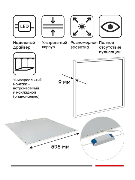 Панель светодиодная тонкая ЛУО-4005-L 36Вт 4000К IP40 опал белая без драйвера EKF Basic