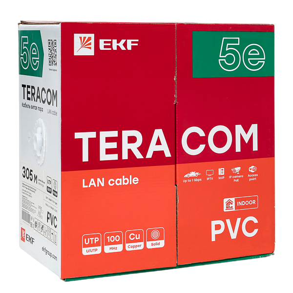 Кабель витая пара TERACOM Cat.5E U/UTP 4 пары solid оболочка PVC цвет серый (упак. 305м)