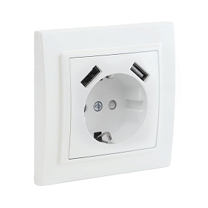 Минск Розетка 1-местная СП с/з 16А белая с защ. штор. с 2 USB 2,1А EKF