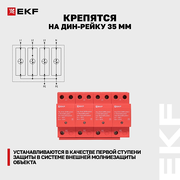 Устройство защиты от импульсных перенапряжений Класс 1 Iimp 25kA (10/350μs) 4P EKF