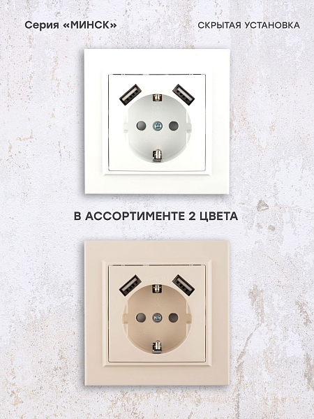 Минск Розетка 1-местная СП с/з 16А белая с защ. штор. с 2 USB 2,1А EKF