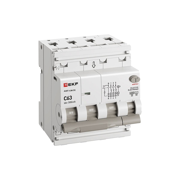 Автоматический выключатель дифференциального тока АВДТ-63N 3P+N (S) 63А характеристика C 300мА тип AC электронный селективный 6кА PROXIMA EKF