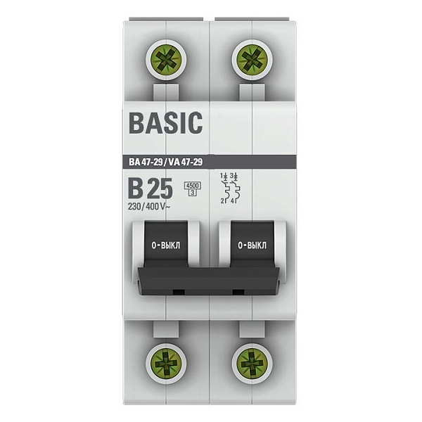 Автоматический выключатель ВА 47-29 2P 25А (B) 4,5кА BASIC