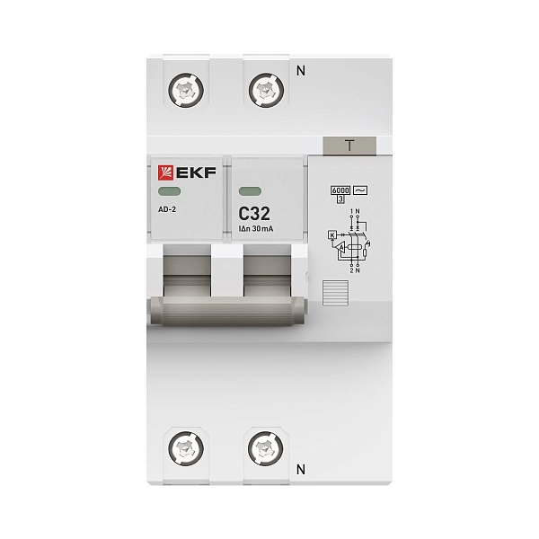 Автоматический выключатель дифференциального тока АД-2 2Р 32А характеристика C 30мА тип АС электронный 6кА PROXIMA EKF