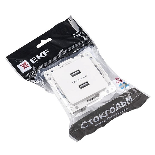 Стокгольм Механизм Розетки USB 2-местной 2,1А винтовые клеммы белый EKF