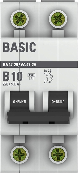 Автоматический выключатель ВА 47-29 2P 10А (B) 4,5кА BASIC