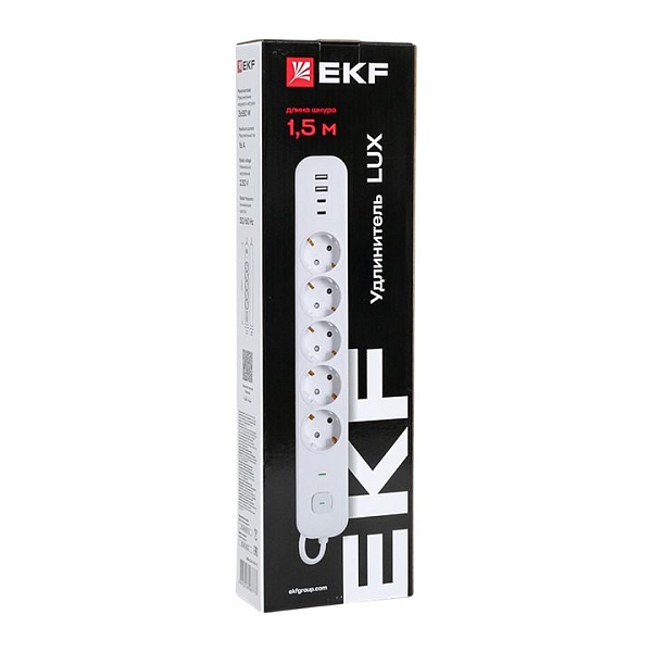 Удлинитель LUX 5 гнезд 2USB 2,4А+2type-C 1,5 метра 1,5мм2 EKF