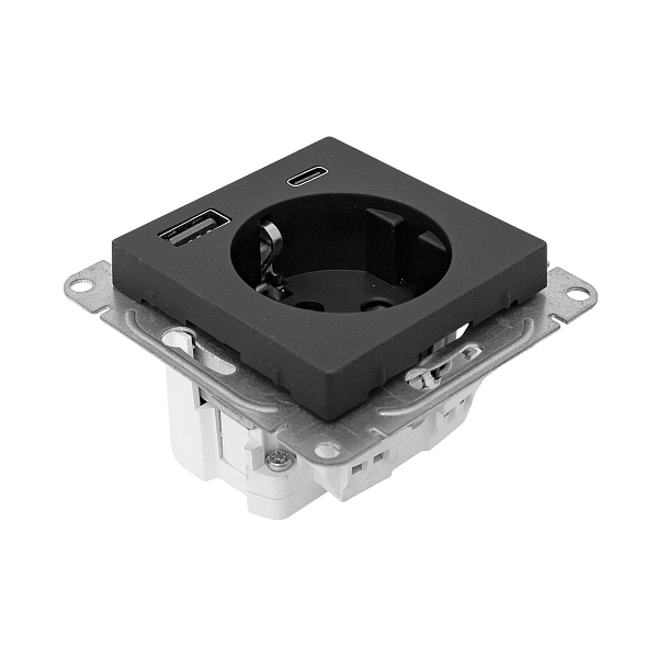 Механизм розетки с USB-A+С - 2шт, 16А, с заземлением, со шторками, чёрный Эпика EKF