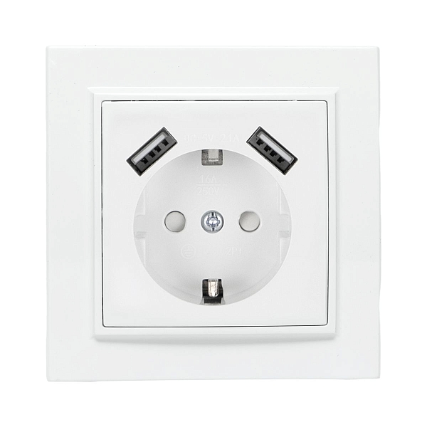Минск Розетка 1-местная СП с/з 16А белая с защ. штор. с 2 USB 2,1А EKF