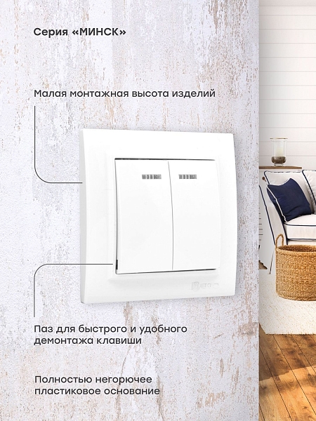 Минск Выключатель 2-клавишный СП с индикатором,10А, белый EKF