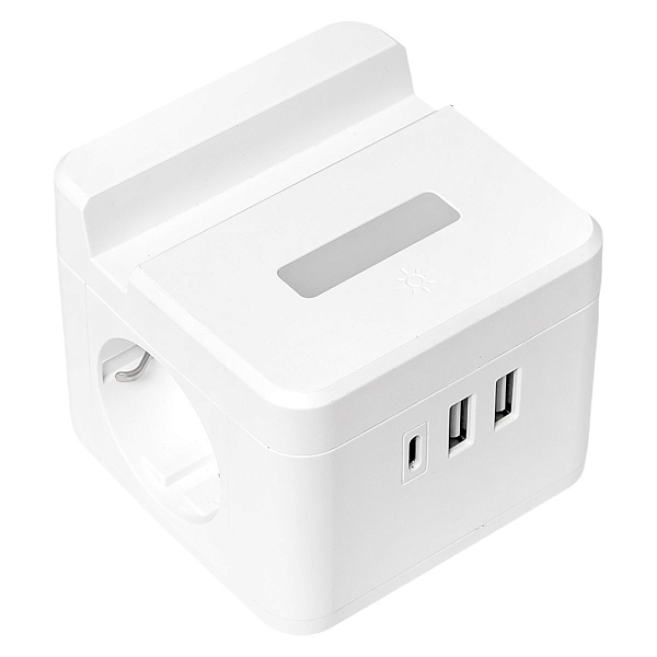 Удлинитель "Куб" 2 гнезда 1USB + 2Type C с быстрой зарядкой, подставкой под телефон и ночником 1,3 метра 1мм2