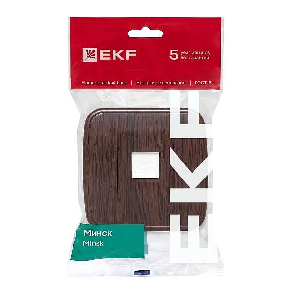 Розетка RJ-45 1-местная ОП Минск, 1А, 120В, тёмное дерево EKF