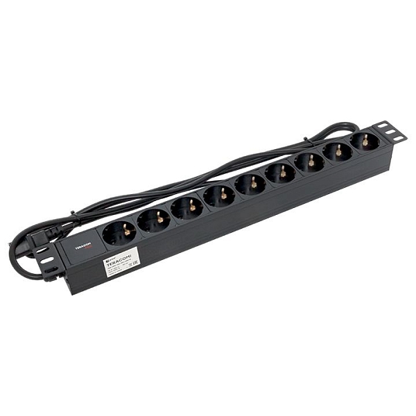 Блок розеток PDU TERACOM PRO 19" 1U 10А/250В 9 розеток Schuko шнур питания длиной 2 метра сечение 3x1,5 мм2 вилка C14 корпус алюминий черный