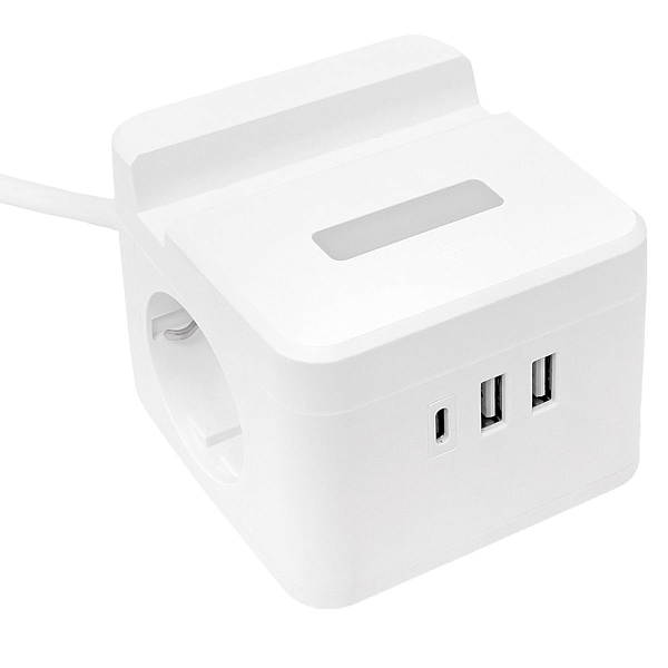 Удлинитель "Куб" 2 гнезда 1USB + 2Type C с быстрой зарядкой, подставкой под телефон и ночником 1,3 метра 1мм2