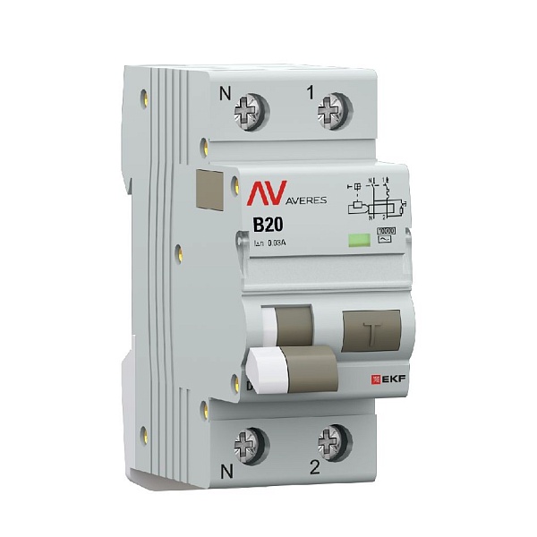 Автоматический выключатель дифференциального тока DVA-10 1P+N 20А характеристика B 30мА тип AС электромеханический 10кА AVERES EKF