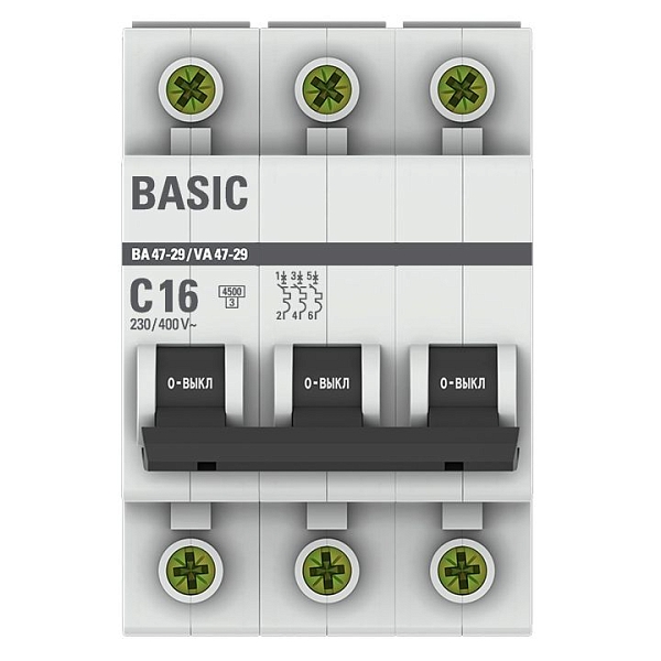 Автоматический выключатель ВА 47-29 3P 16А (C) 4,5кА BASIC