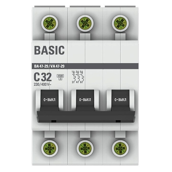 Автоматический выключатель ВА 47-29 3P 32А (C) 4,5кА BASIC