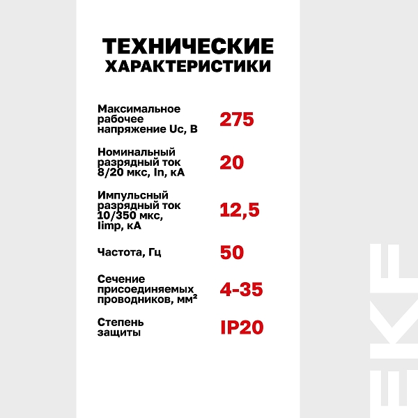 Устройство защиты от импульсных перенапряжений Т1+Т2; Iimp-12,5kA; In-20kA; Uc-275В; 1+0 EKF