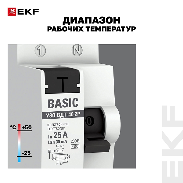 Выключатель дифференциального тока ВДТ-40 2P 25А 30мА тип АС электронный 4,5кА BASIC