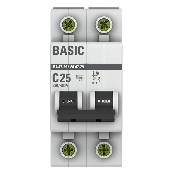 Автоматический выключатель ВА 47-29 2P 25А (C) 4,5кА BASIC