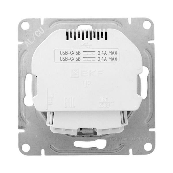 Механизм розетки с USB-C - 2шт, 16А, с заземлением, со шторками, алюминий Эпика EKF